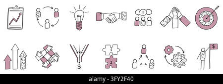 Business icons. Hand drawn team work sketch, handshake puzzle and target for community teamwork. In office together. Shared goals, joined hands, growth charts, business cooperation. Vector minimal set Stock Vector