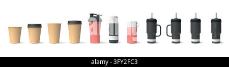 Cup mockup. Coffee tumbler, thermo travel mug or white plastic handle drink. Water straw, lid or 3d shaker. Blank drinkware beverage for marketing presentation. Vector isolated minimal illustration Stock Vector