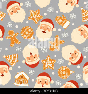 Classic grey Christmas pattern with Santa and gingerbread Stock Vector