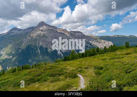 Hiker explores lush alpine meadows with towering peaks under bright skies evoking tranquility and awe Stock Photo