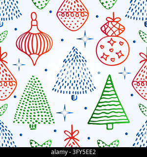 Colorful gradient Christmas seamless pattern. New Year endless background with Christmas trees and toys, festive vector print Stock Vector