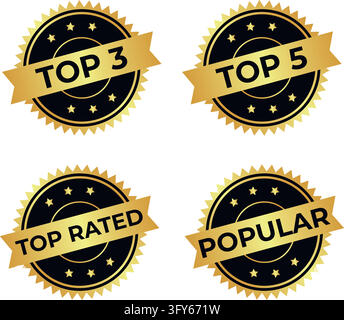 Set of four black and gold ranking badges top 3 top 5 top rated and popular vector illustration isolated on white background Stock Vector
