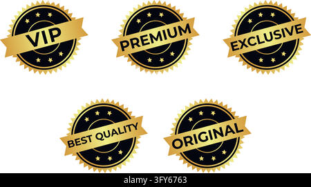Five gold and black circular badges featuring text such as VIP, premium, and exclusive, isolated on a white background. Stock Vector