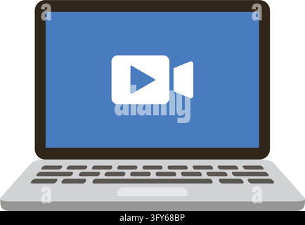 An icon depicting a laptop computer with a video camera badge used for online meetings, streaming, and calls. Stock Vector