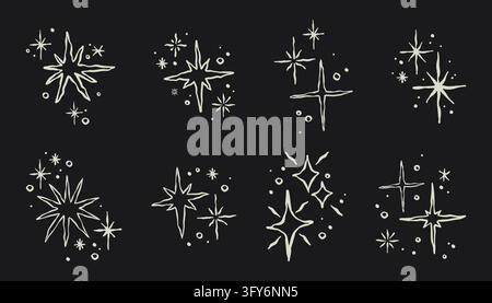 Hand-drawn star shine icons with magical sparkle effects. Vector crayon doodles for party designs and greeting cards. Twinkle outline sketches for festive holiday graphic with glowing light bursts. Stock Vector