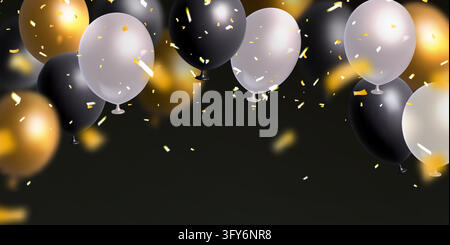 Gold, black and white balloons frame festive background with golden confetti for Friday celebration. Vector party design and luxury birthday event decoration template. Top ballons border for birthday Stock Vector