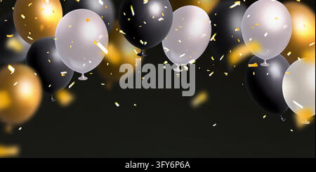 Gold, black and white balloons frame festive background with golden confetti for Friday celebration. Vector party design and luxury birthday event decoration template. Top ballons border for birthday Stock Vector