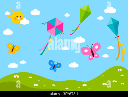 Nature background with colorful kites and butterflies in the sky. Green meadow border with sun, clouds and beautiful kites of various shapes and color Stock Vector