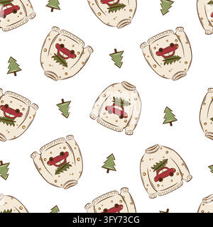 Seamless vector pattern with Christmas sweaters featuring cars and fir trees Stock Vector