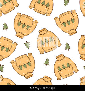 Seamless vector pattern with Christmas sweaters and fir trees Stock Vector