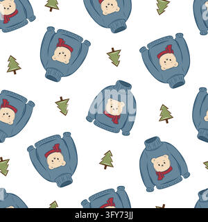 Seamless vector pattern with Christmas sweaters featuring teddy bears and fir trees Stock Vector