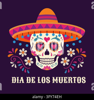 Cute dia de los muertos poster. Mexican day of the dead icon set Stock Vector