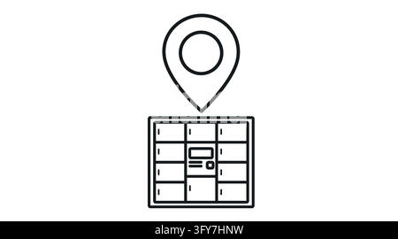 Map pin navigation pointer with smart parcel locker terminal vector icon. Black line art style on white background. Stock Vector