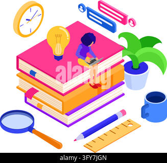 Online education or distance exam with isometric character internet course e-learning from home girl online studying on laptop isometric education con Stock Vector