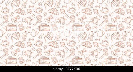 Coffee tools and pastry seamless line art style pattern. Coffee brewing equipment and cafe favorites. Barista supplies and espresso preparation Stock Vector