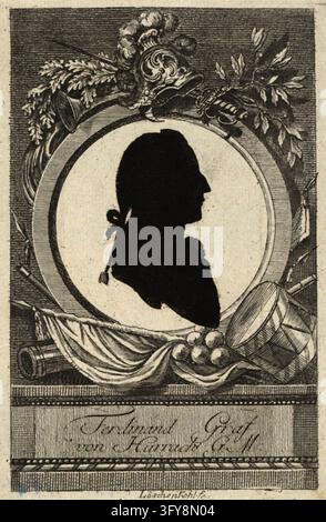 Ferdinand Count von Harrach (1740-1796), Major General, Johann Hieronymus Löschenkohl (1753-1807), graphic prints, copperplate engraving, around 1780-1790, paper, washed, sheet size 16.5×11 cm, plate size 15.4×10.5 cm, middle and lower: Ferdinand Count von Harrach GM, Löschenkohl fc., Aristocracy, Politics, Military, Fine Arts, man, portrait, commander-in-chief, general, marshal, A black silhouette profile of a person with tied-back hair appears inside a decorative circular frame surrounded by a helmet, foliage, a drum, and draped Stock Photo