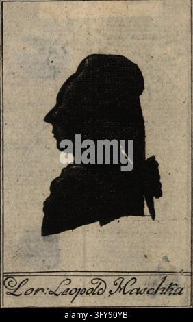 Lorenz Leopold Haschka (1749-1827), writer, Johann Hieronymus Löschenkohl (1753-1807), graphic prints, copperplate engraving, around 1786, paper, sheet size 10×6 cm, u.: Lor: Leopold Haschka, portrait, man, writer, poet, author, A black silhouette of a person in profile facing left appears on a paper background inside a rectangular Stock Photo