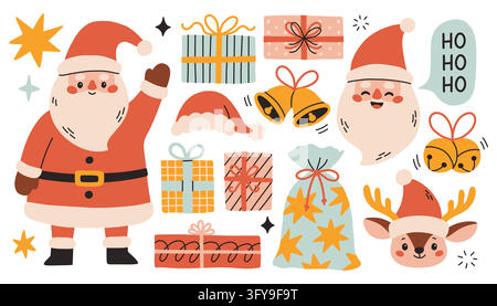 Cute Christmas vector collection featuring Santa Claus, gift boxes, bells, santa hat, and reindeer in flat Scandinavian style. Ideal for holiday Stock Vector