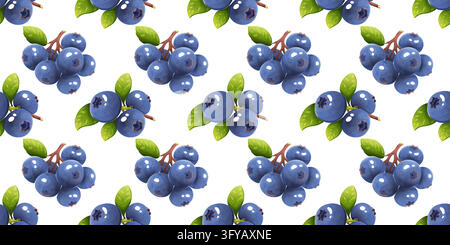 Seamless watercolor blueberry pattern featuring repeating clusters of ripe blue berries with glossy highlights and green leaves on branches arranged a Stock Vector
