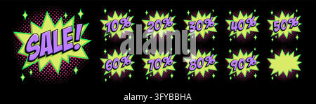 Comic style sale starburst set with neon green bursts and purple lettering on black background, pop art sale stickers and promo labels for retail ads Stock Vector