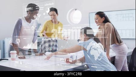 Reviewing four women in office wear leaning over office table, pointing at plans and AR overlays. Collaboration, teamwork, professional, workplace, ar Stock Photo