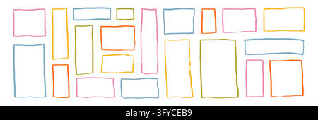 Crayon frame. Childish hand drawn text box. Square and rectangle border. Pastel, pencil set. Line text or photo doodle tag collection. Backdrop stamp hand drawing. Irregular abstract colorful shape Stock Vector