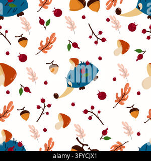 Cute hedgehog in a forest-themed seamless pattern with woodland elements, leaves, and natural details. Perfect for fabric prints, wallpaper, wrapping Stock Vector