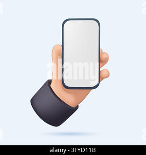 Hand holding a smartphone on a white background. Template. Flat vector illustration. 3D illustration, free to use in website. Phone mockup 3D. Man han Stock Vector