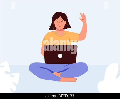 Freelance, Online distant work, internet technologies concept. Happy smiling woman cartoon character sitting on floor with legs crossed working on lap Stock Vector