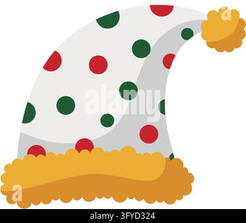 White curled Christmas elf hat with red and green polka dots, a golden yellow fluffy brim and a matching yellow pom-pom Stock Vector