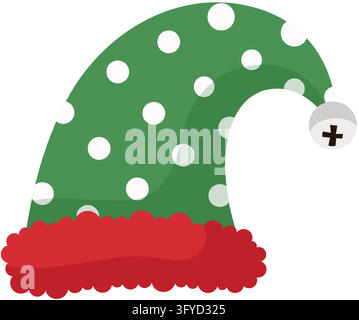 Green curled Christmas elf hat with white polka dots, a red scalloped brim and a small white button at the tip Stock Vector