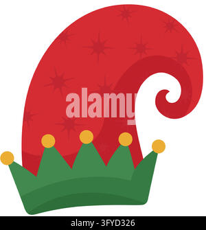 Red curled Christmas elf hat with red star motifs, a green pointed crown brim and small golden ball Stock Vector