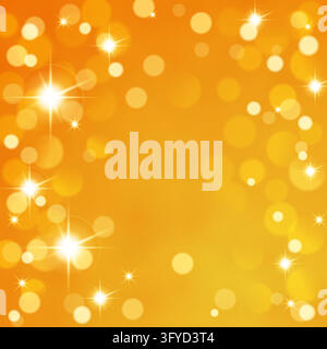 Vibrant orange abstract background featuring glowing bokeh lights and sparkling starburst effects. Perfect festive digital backdrop. Stock Vector