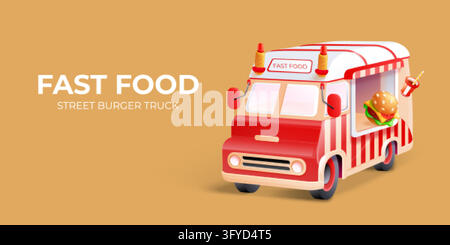 3d food truck. Fastfood realistic van car, summer snacks street shop foodtruck city outdoor restaurant festival fair cafe bus mobile market transport render vector illustration original artwork Stock Vector
