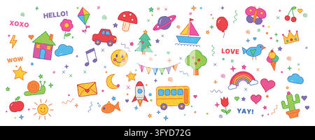 A whimsical and vibrant collection of hand-drawn childlike doodle elements, Featuring everyday objects, nature, transport. Stock Vector