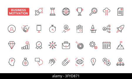 Business motivation symbols for leadership, achievement, teamwork, recruitment, targets and career progress in corporate planning red black line icons set vector illustration Stock Vector