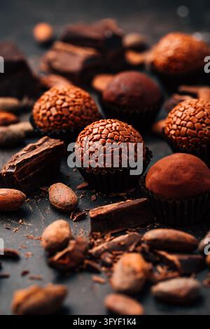 Assorted chocolate truffles and dark chocolate pieces with scattered cocoa beans Stock Photo