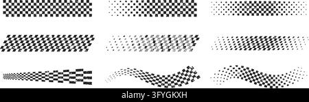 Bold black and white grunge checkered flag brush motorsport banner with geometric squares vector illustration set. Stock Vector