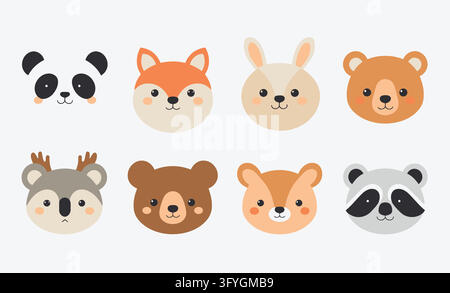 Cute wild animal faces vector icon set, cartoon flat illustrations of panda, fox, rabbit, bear, koala, deer and raccoon for kids design Stock Vector