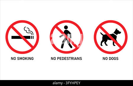 Prohibition signs collection featuring no smoking pedestrians and dogs for public safety signage and property regulation Stock Vector