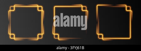 Gold neon art deco frames, glowing geometric square borders with light effect. Bright luxury led decoration. Stock Vector