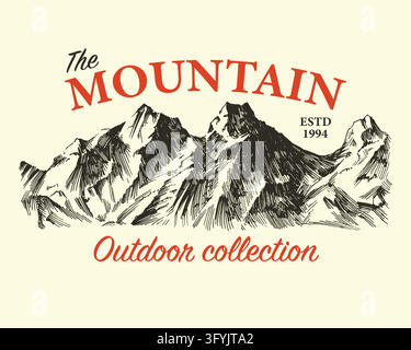 Mountain hand drawn t shirt graphic design. Sketchy engraved mountain peaks for outdoor activities and traveling. Exploring and hiking.  Stock Vector