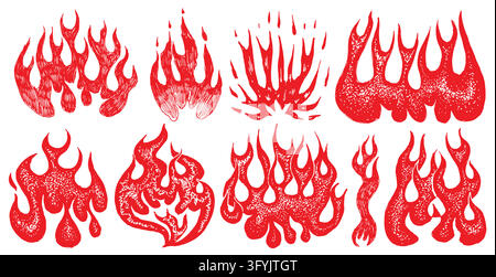Collection of grungy fire flames. different elements for bonfire or other usage. Modern street style drawing art. Fully hand drawn engraving Stock Vector