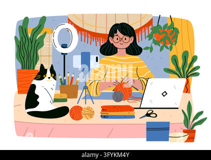 Craft Content Creator filming a tutorial creative hobby crochet woman recording knitting process cozy workspace cat plants laptop yarn balls Stock Vector