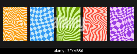 Colorful retro wavy and checkered poster background set. Bright curly wave line design templates for banner, flyer, ads, leaflet, brochure, booklet. Vector psychedelic groovy liquid wallpapers Stock Vector