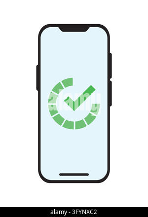 Vector illustration of a mobile phone displaying a green segmented loading progress circle with a checkmark, representing completion and success. Stock Vector