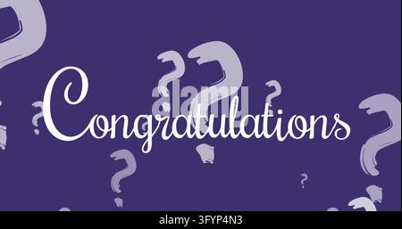 Decorative question marks on purple backdrop with congratulatory message in center. Abstract, creativity, celebration, pattern, graphic design, vibran Stock Photo