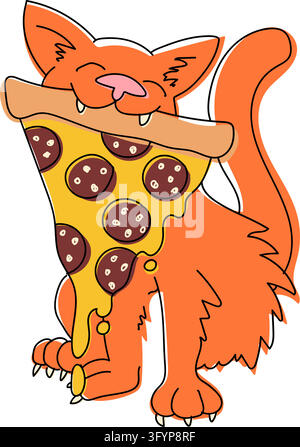 Cat eating pizza slice fast food vector illustration. Happy orange feline character holding pepperoni piece cheesy snack design Stock Vector