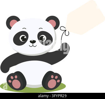 Cute panda bear is sitting and holding notes balloon. Vector illustration Stock Vector