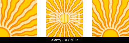 Set of groovy sun backgrounds. Curvy yellow and orange sunny rays. Sunlight, sunshine or sunburst quadrangular posters. Summer theme wallpapers. Happy vibes concept. Vector flat illustration. Stock Vector